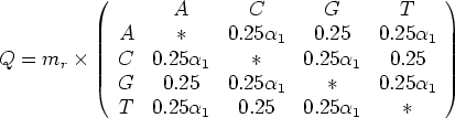 \begin{table}{\large\begin{displaymath}
Q = m_r \times \left(
\begin{array}{cccc...
...1 & 0.25 & 0.25\alpha_1 & * \\
\end{array}\right)
\end{displaymath}}\end{table}